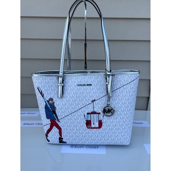 Michael Kors tote carryall jet set medium MK girl print purse bright white multi - Picture 1 of 9
